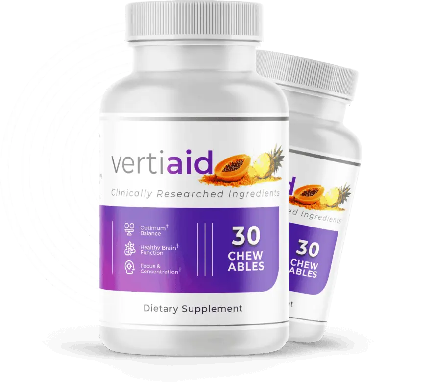 VertiAid supplement packaging and bottle for vestibular support